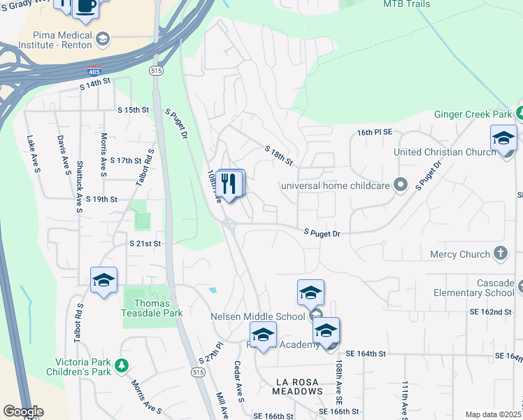 map of restaurants, bars, coffee shops, grocery stores, and more near 1300 South Puget Drive in Renton