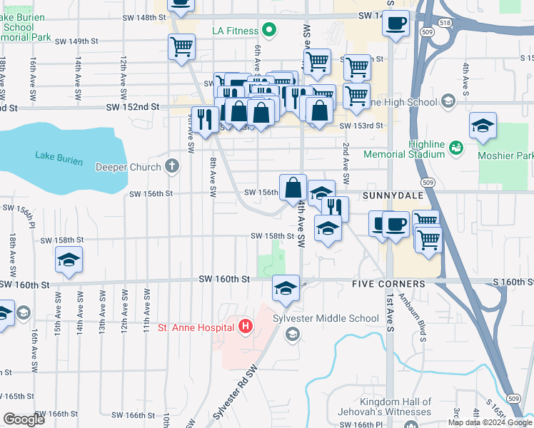 map of restaurants, bars, coffee shops, grocery stores, and more near 445 Southwest 156th Street in Burien