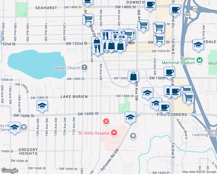 map of restaurants, bars, coffee shops, grocery stores, and more near 15624 8th Avenue Southwest in Burien