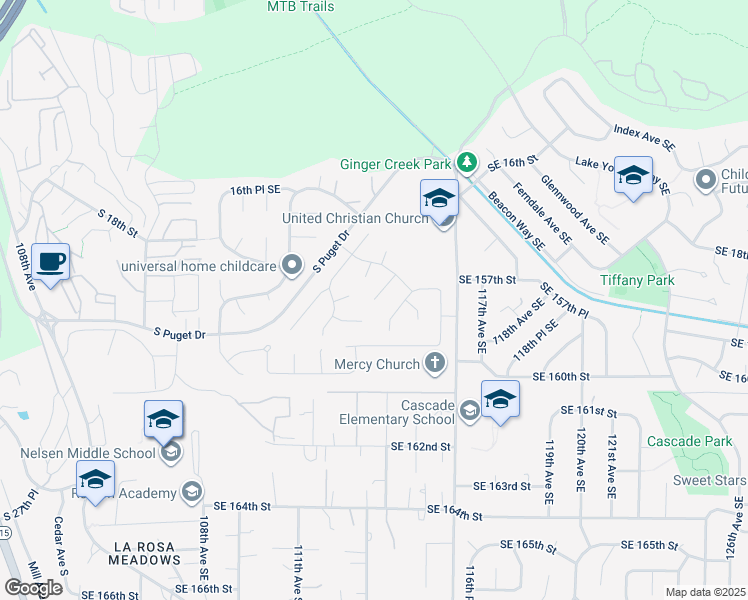 map of restaurants, bars, coffee shops, grocery stores, and more near 3921 Camas Court Southeast in Renton