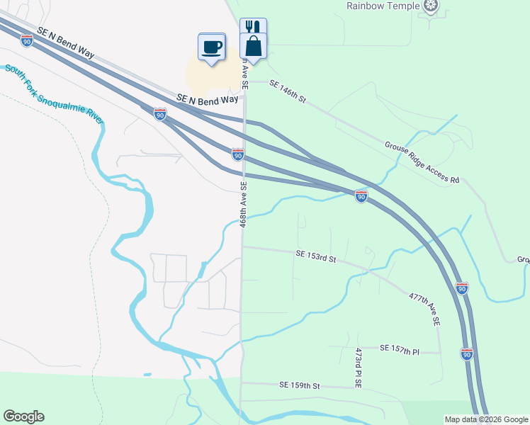 map of restaurants, bars, coffee shops, grocery stores, and more near 15016 468th Avenue Southeast in North Bend