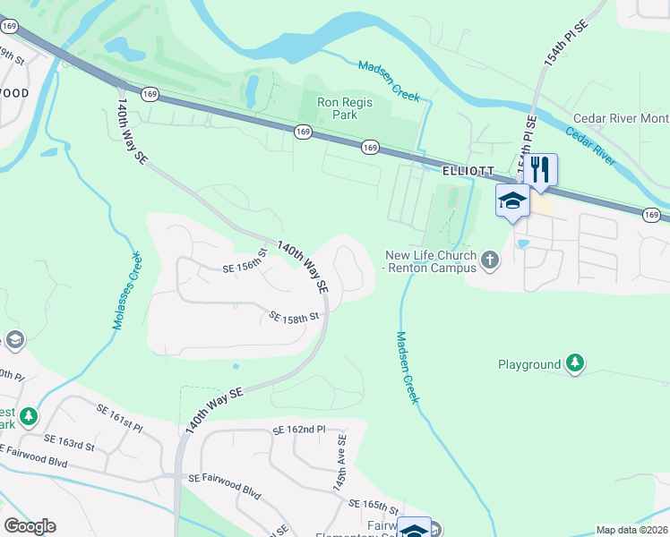 map of restaurants, bars, coffee shops, grocery stores, and more near 15729 142nd Place Southeast in Renton