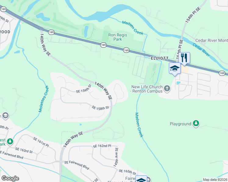 map of restaurants, bars, coffee shops, grocery stores, and more near 15729 142nd Place Southeast in Renton