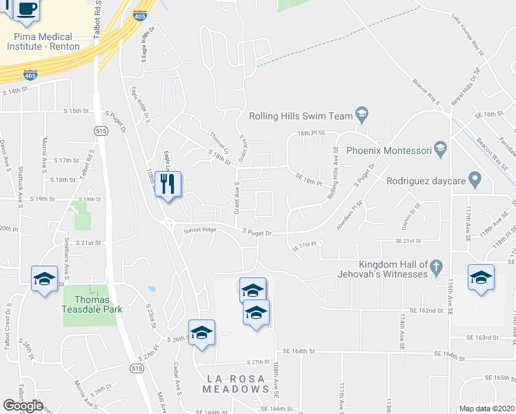 map of restaurants, bars, coffee shops, grocery stores, and more near 2020 Grant Avenue South in Renton