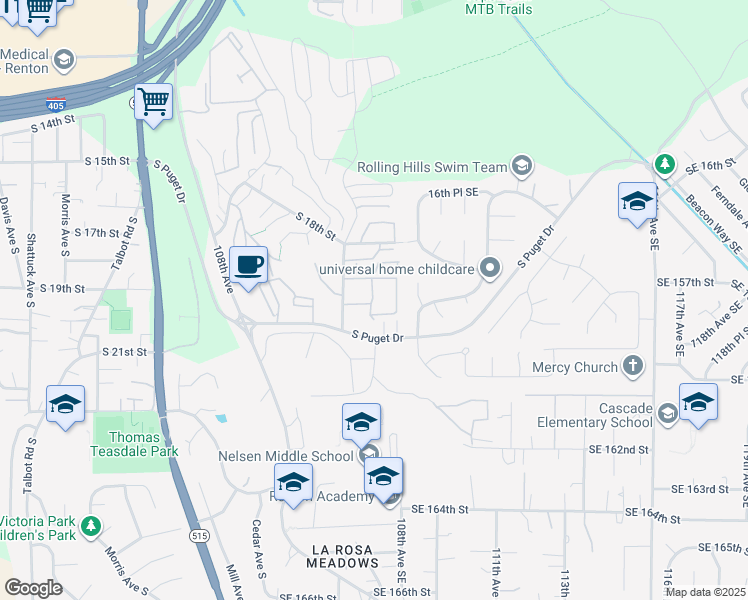 map of restaurants, bars, coffee shops, grocery stores, and more near 2020 Grant Avenue South in Renton