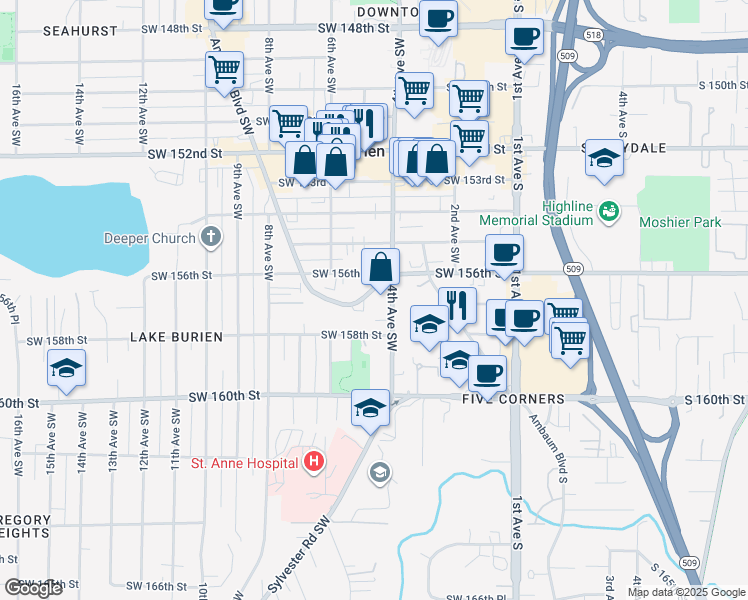 map of restaurants, bars, coffee shops, grocery stores, and more near 415 Southwest 156th Street in Burien