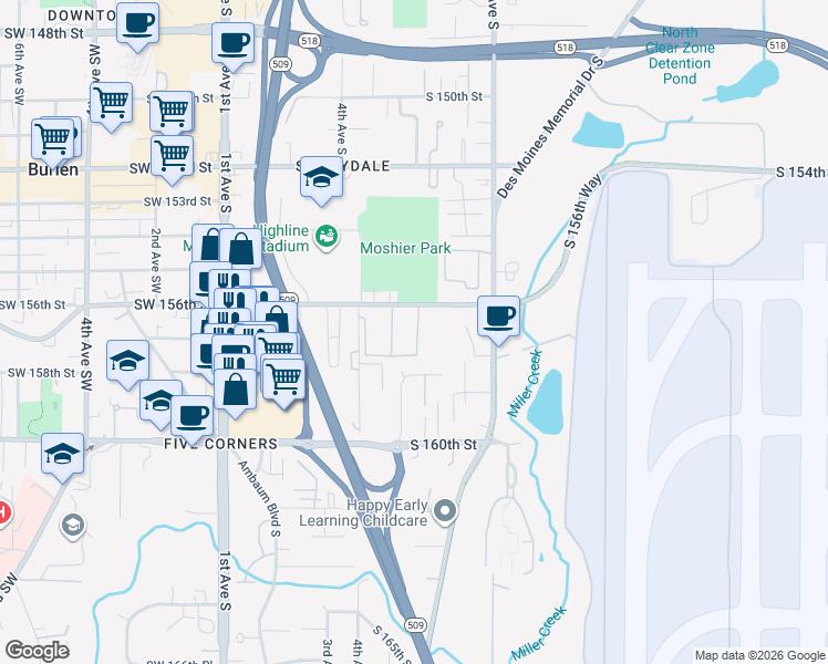 map of restaurants, bars, coffee shops, grocery stores, and more near 455 South 156th Street in Burien