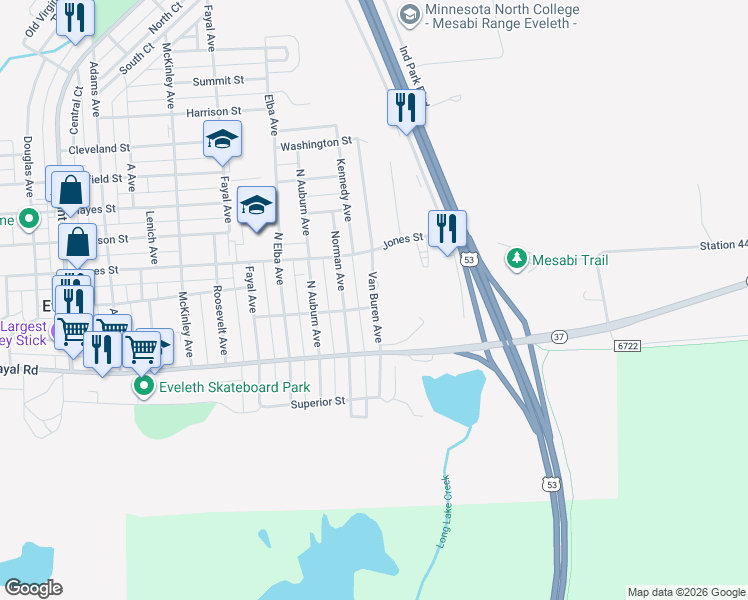map of restaurants, bars, coffee shops, grocery stores, and more near 301 North Van Buren Avenue in Eveleth