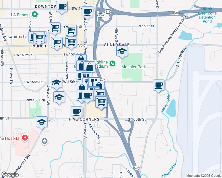 map of restaurants, bars, coffee shops, grocery stores, and more near 219 South 156th Street in Burien