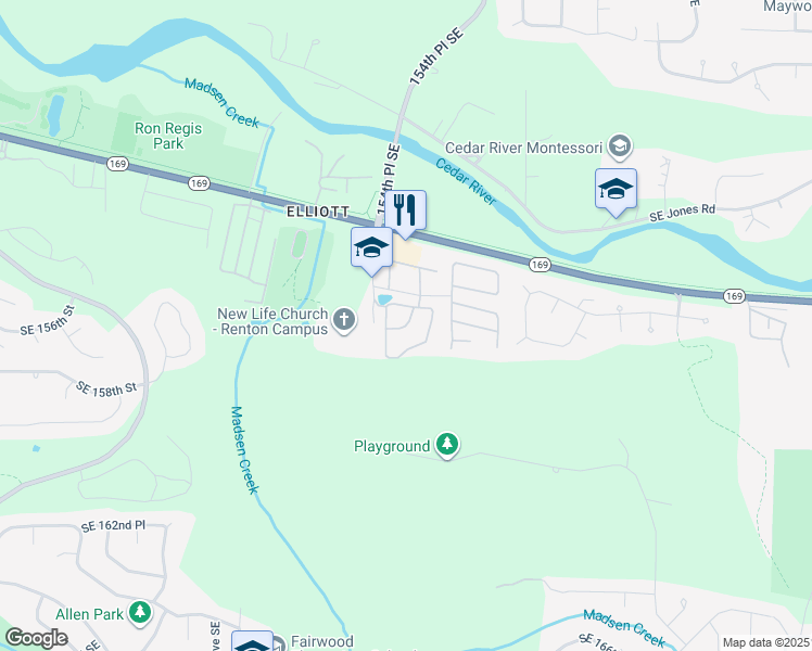 map of restaurants, bars, coffee shops, grocery stores, and more near 15325 Southeast 155th Place in Renton