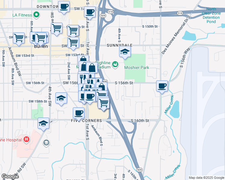 map of restaurants, bars, coffee shops, grocery stores, and more near 219 South 156th Street in Burien