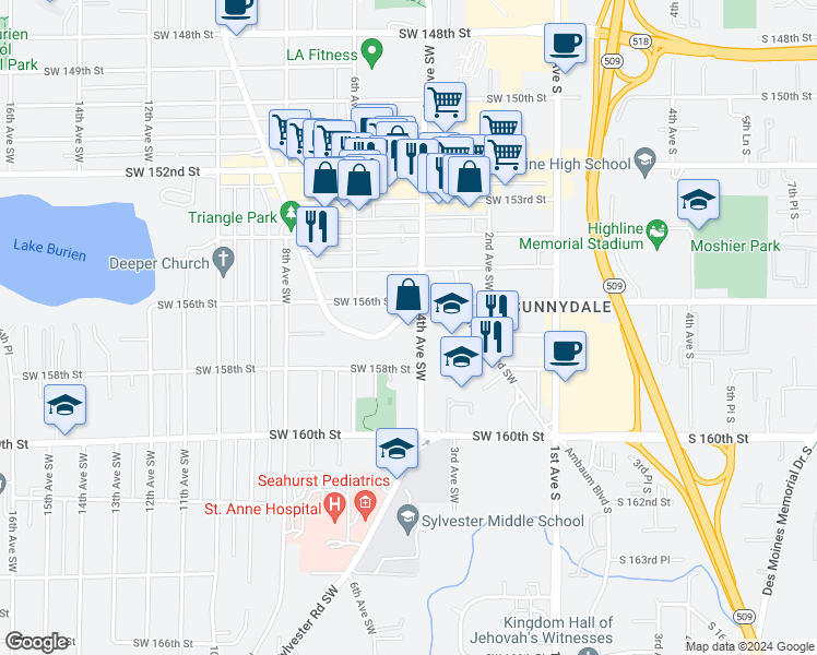 map of restaurants, bars, coffee shops, grocery stores, and more near 415 Southwest 156th Street in Burien
