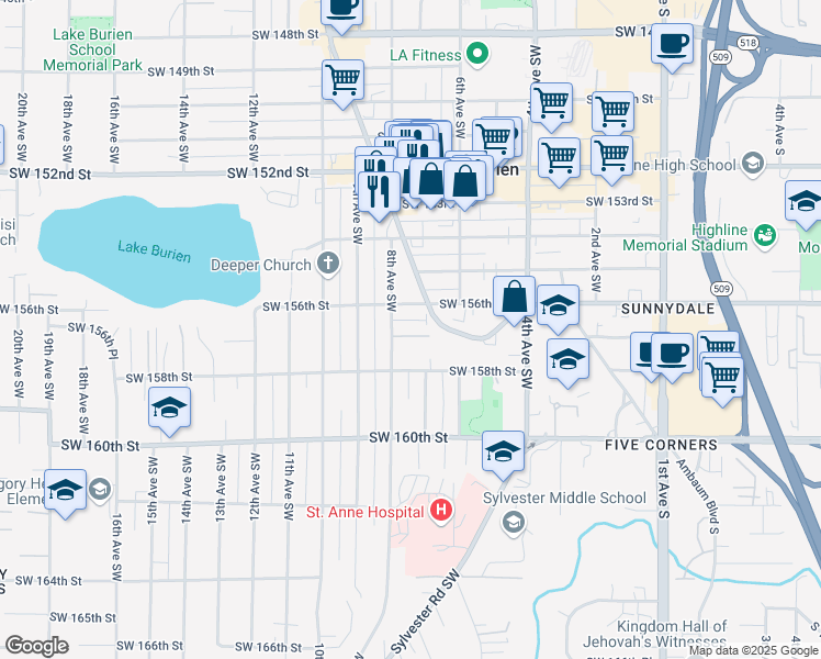 map of restaurants, bars, coffee shops, grocery stores, and more near 15608 8th Avenue Southwest in Burien