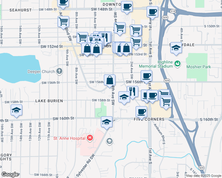 map of restaurants, bars, coffee shops, grocery stores, and more near 15621 4th Avenue Southwest in Burien