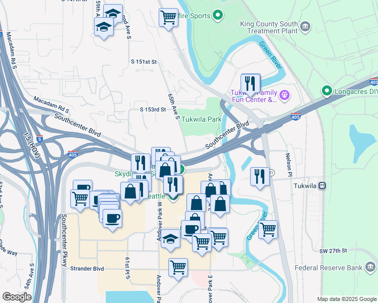 map of restaurants, bars, coffee shops, grocery stores, and more near 6510 Southcenter Blvd in Tukwila