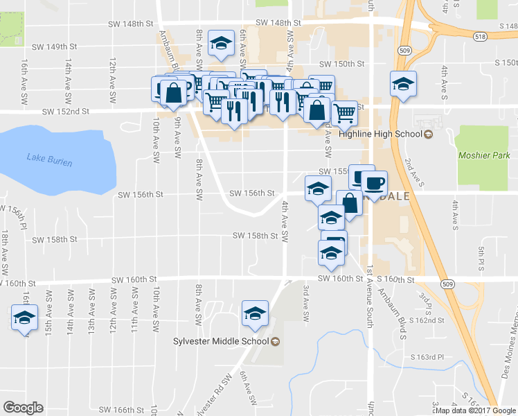 map of restaurants, bars, coffee shops, grocery stores, and more near 504 Southwest Ambaum Boulevard in Burien
