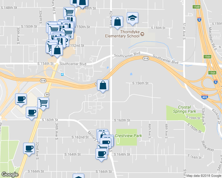 map of restaurants, bars, coffee shops, grocery stores, and more near 15638 42nd Avenue South in Tukwila