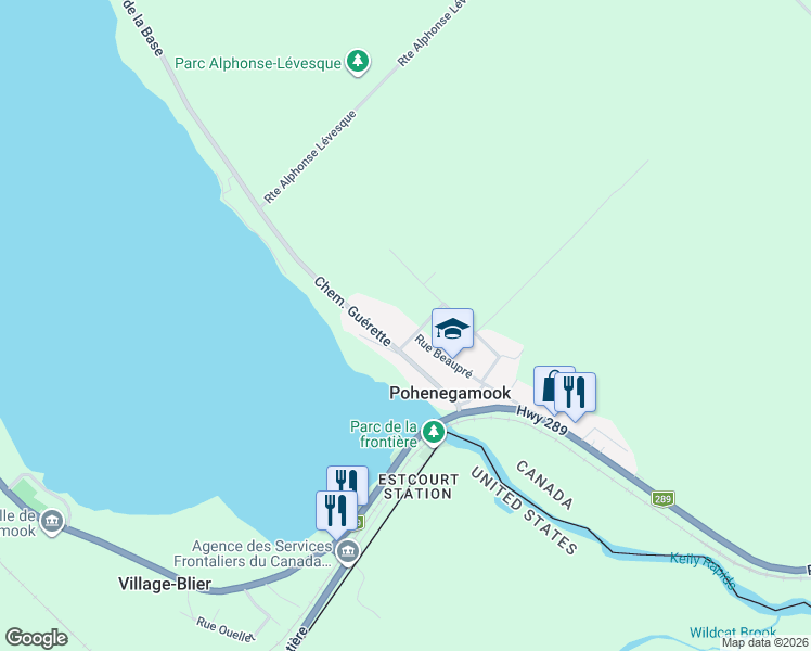 map of restaurants, bars, coffee shops, grocery stores, and more near 509 Côte Saint Joseph in Pohénégamook
