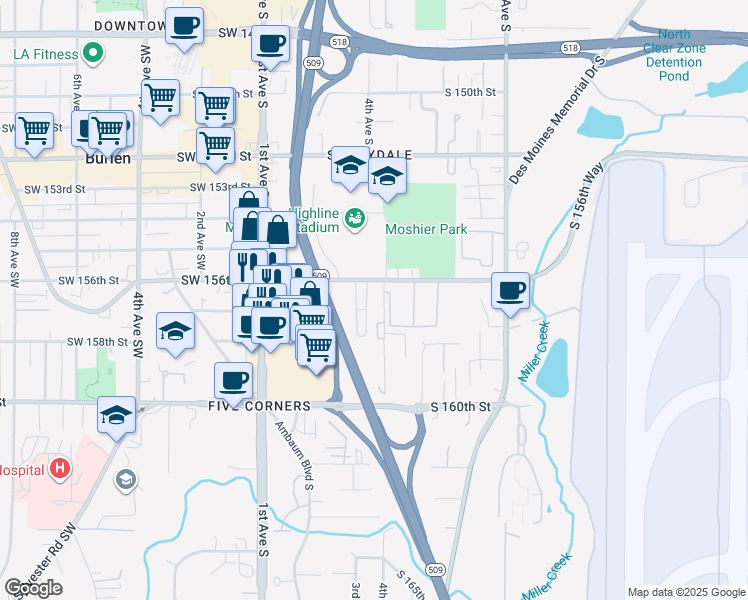 map of restaurants, bars, coffee shops, grocery stores, and more near 233 South 156th Street in Burien