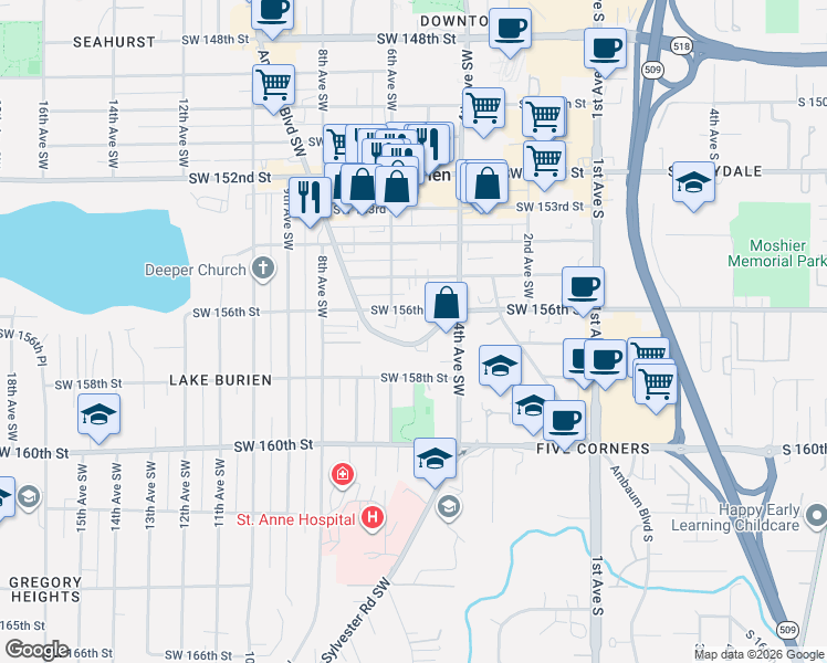 map of restaurants, bars, coffee shops, grocery stores, and more near 504 Southwest Ambaum Boulevard in Burien