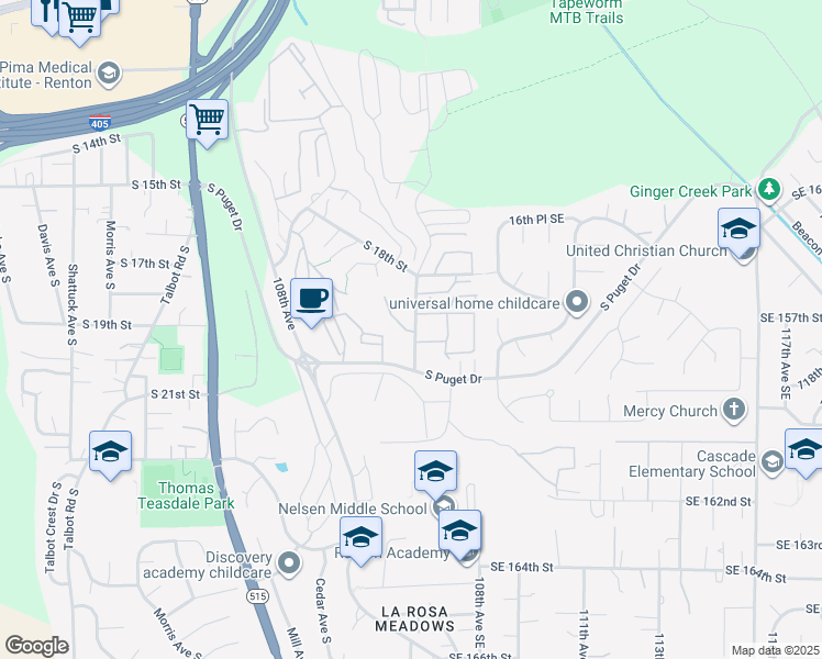 map of restaurants, bars, coffee shops, grocery stores, and more near 1817 Grant Avenue South in Renton