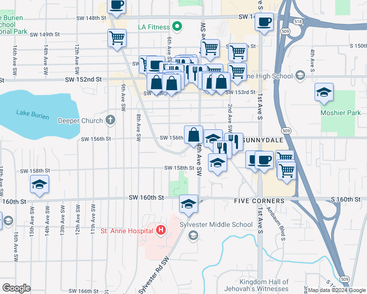 map of restaurants, bars, coffee shops, grocery stores, and more near 432 Ambaum Boulevard Southwest in Burien