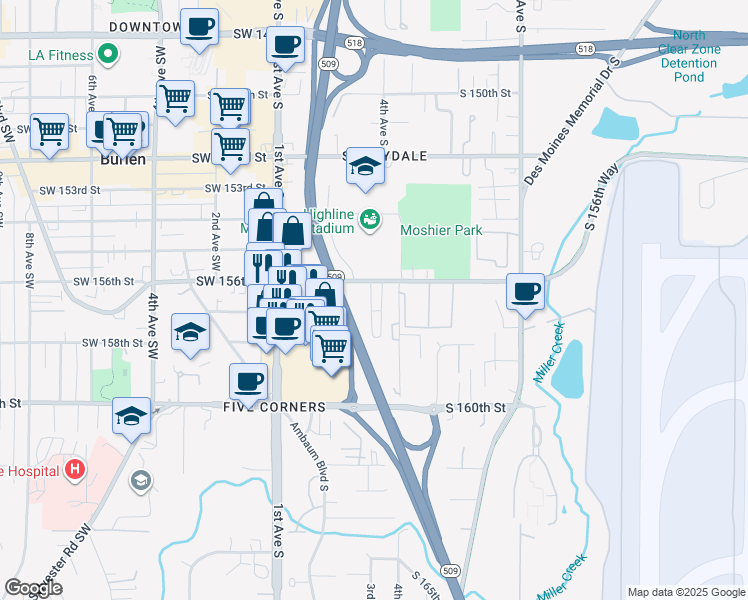 map of restaurants, bars, coffee shops, grocery stores, and more near 233 South 156th Street in Burien