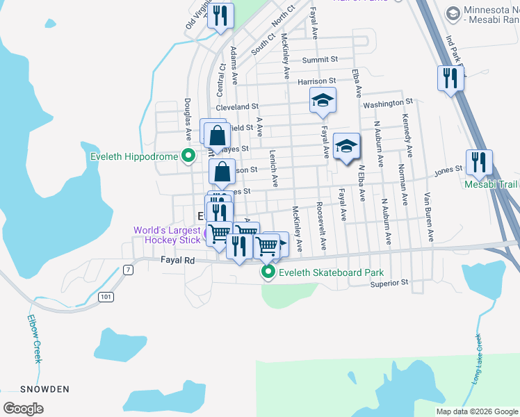 map of restaurants, bars, coffee shops, grocery stores, and more near 308 B Avenue in Eveleth