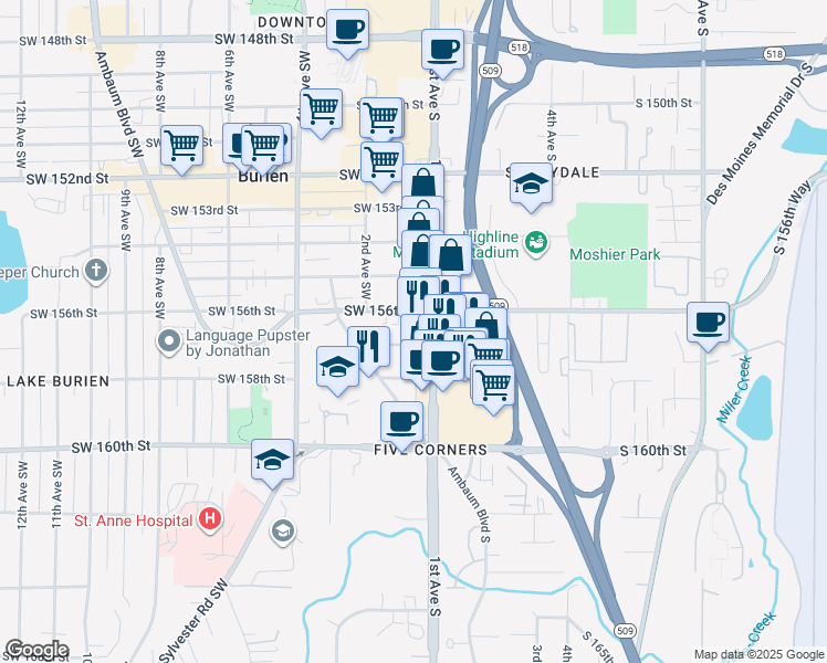 map of restaurants, bars, coffee shops, grocery stores, and more near in Burien