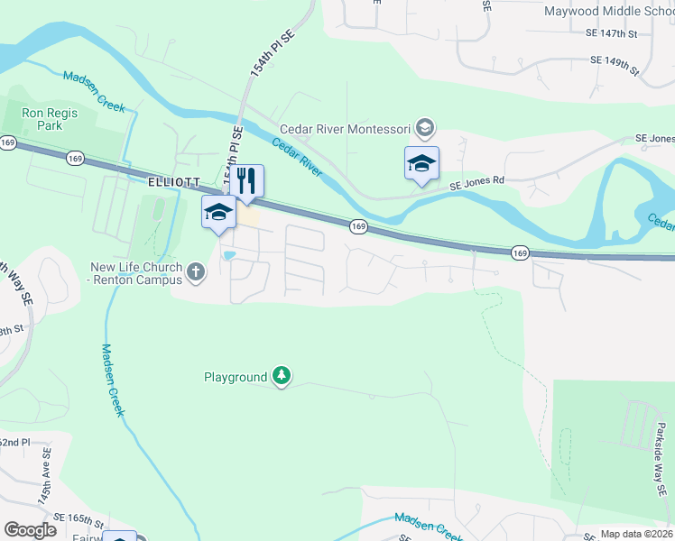 map of restaurants, bars, coffee shops, grocery stores, and more near 15620 156th Place Southeast in Renton