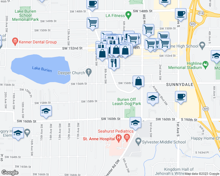 map of restaurants, bars, coffee shops, grocery stores, and more near 15608 8th Avenue Southwest in Burien