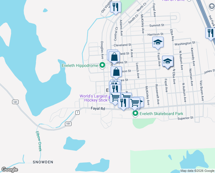 map of restaurants, bars, coffee shops, grocery stores, and more near 306 Jones Street in Eveleth