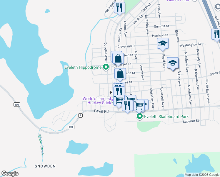 map of restaurants, bars, coffee shops, grocery stores, and more near 312 Douglas Avenue in Eveleth