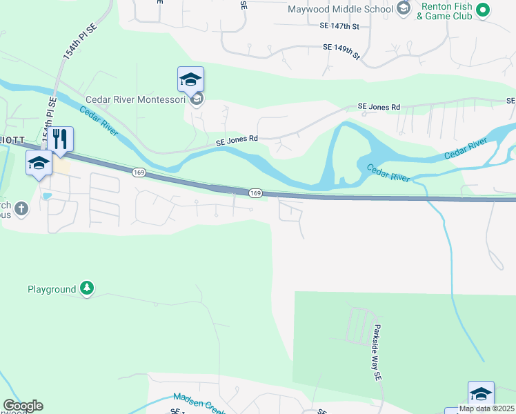 map of restaurants, bars, coffee shops, grocery stores, and more near 16136 Southeast 156th Street in Renton