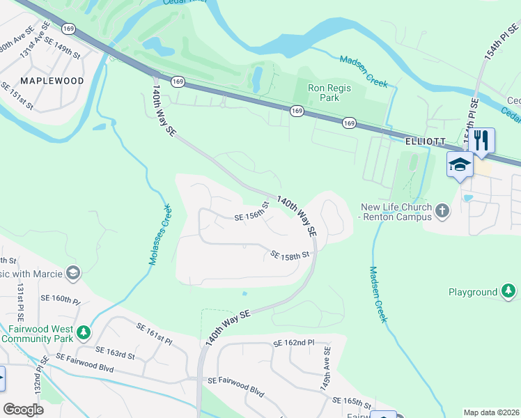 map of restaurants, bars, coffee shops, grocery stores, and more near 14004 156th Avenue Southeast in Renton
