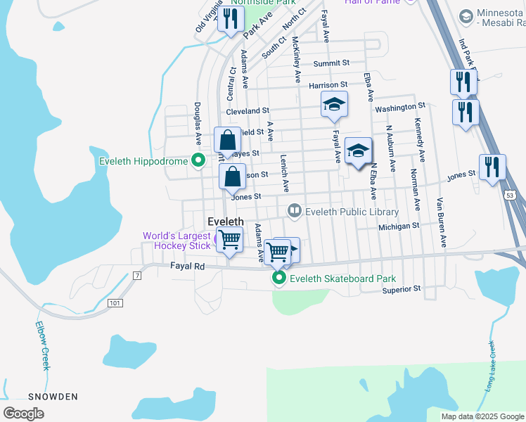 map of restaurants, bars, coffee shops, grocery stores, and more near 308 Adams Avenue in Eveleth