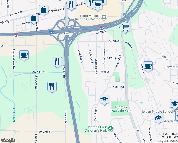 map of restaurants, bars, coffee shops, grocery stores, and more near 300 South 19th Street in Renton