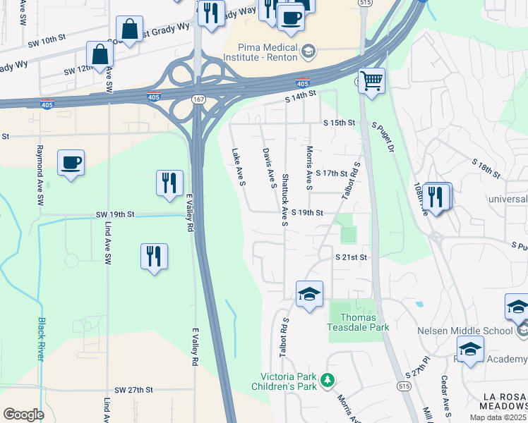 map of restaurants, bars, coffee shops, grocery stores, and more near 300 South 19th Street in Renton