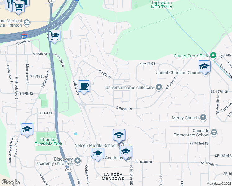 map of restaurants, bars, coffee shops, grocery stores, and more near 1817 Grant Avenue South in Renton