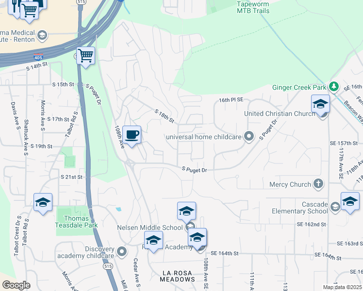map of restaurants, bars, coffee shops, grocery stores, and more near 1817 Grant Avenue South in Renton