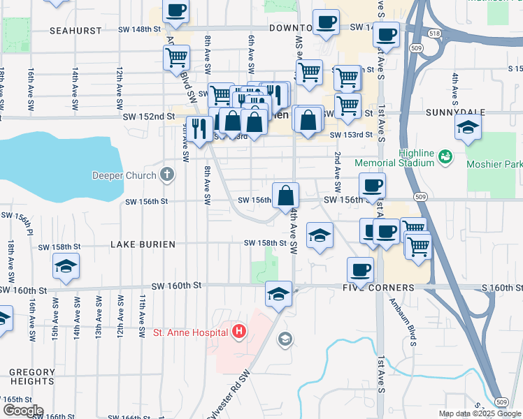 map of restaurants, bars, coffee shops, grocery stores, and more near 445 Southwest 156th Street in Burien
