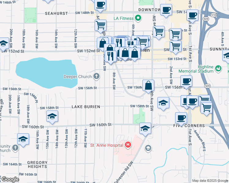 map of restaurants, bars, coffee shops, grocery stores, and more near 15608 8th Avenue Southwest in Burien