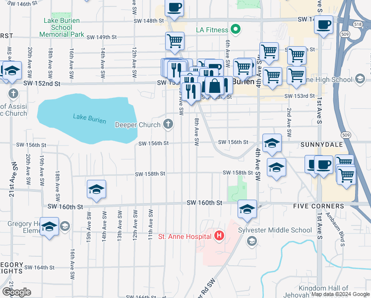 map of restaurants, bars, coffee shops, grocery stores, and more near 15605 9th Avenue Southwest in Burien