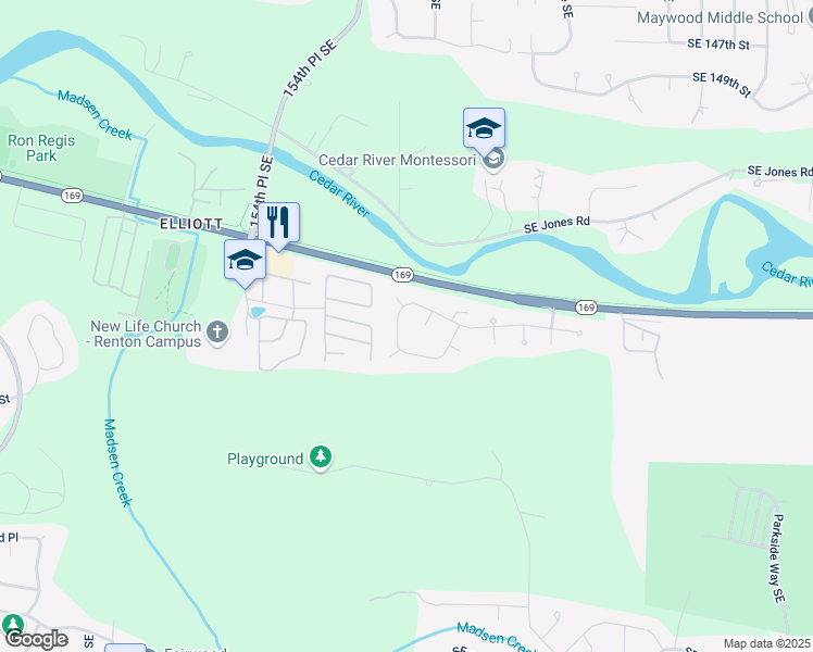 map of restaurants, bars, coffee shops, grocery stores, and more near 15620 156th Place Southeast in Renton