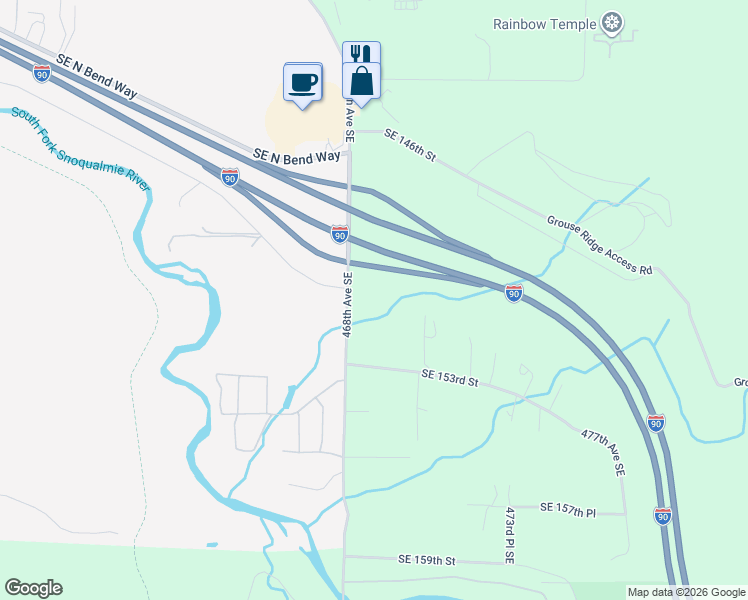 map of restaurants, bars, coffee shops, grocery stores, and more near 15016 468th Avenue Southeast in North Bend