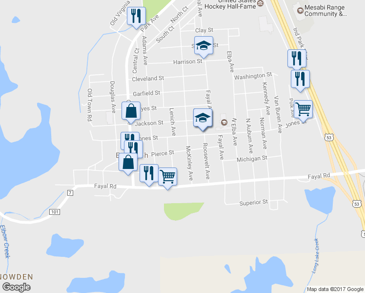 map of restaurants, bars, coffee shops, grocery stores, and more near 301 McKinley Avenue in Eveleth