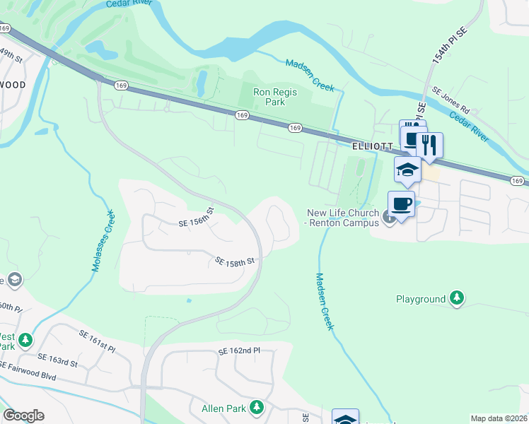 map of restaurants, bars, coffee shops, grocery stores, and more near 15729 142nd Place Southeast in Renton