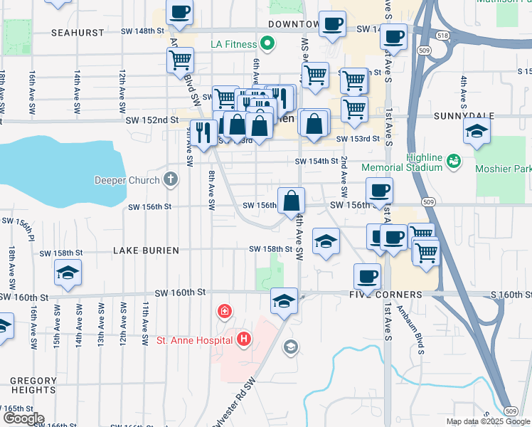 map of restaurants, bars, coffee shops, grocery stores, and more near 445 Southwest 156th Street in Burien
