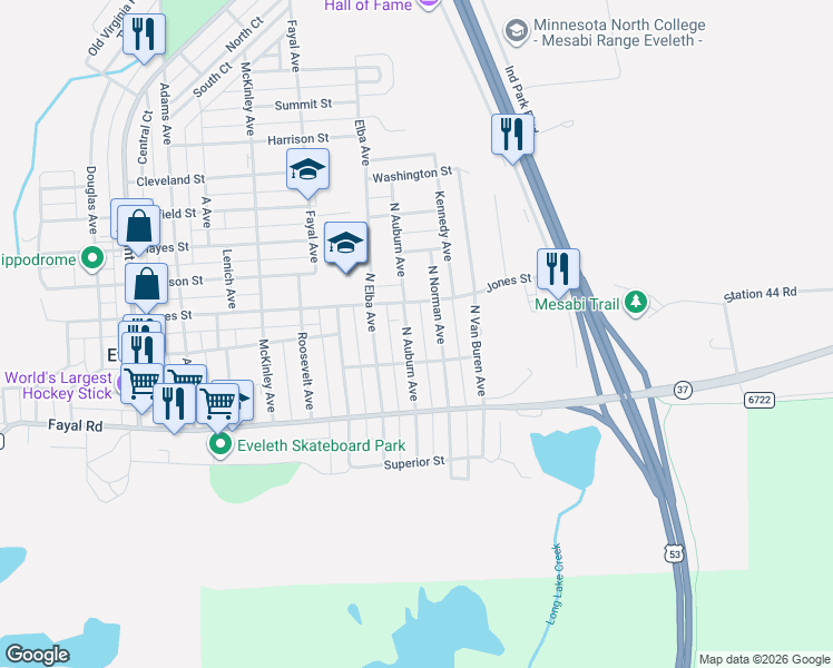 map of restaurants, bars, coffee shops, grocery stores, and more near 208 North Auburn Avenue in Eveleth
