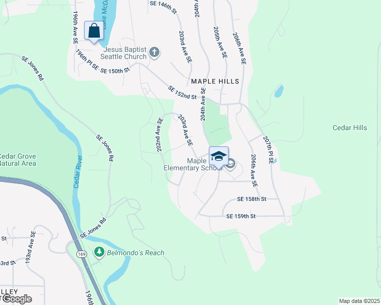 map of restaurants, bars, coffee shops, grocery stores, and more near 15451 203rd Avenue Southeast in Renton